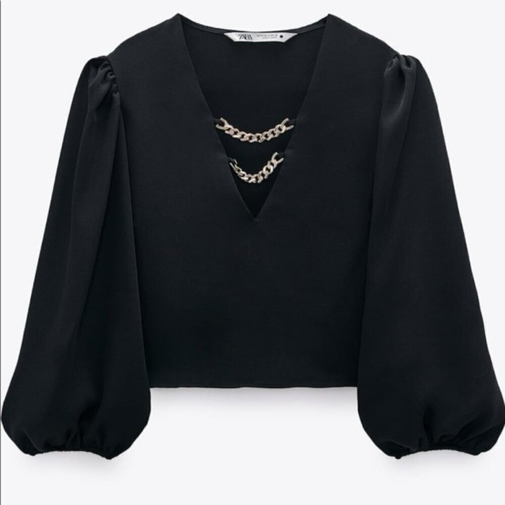 NWT ZARA black top with gold chain detail medium